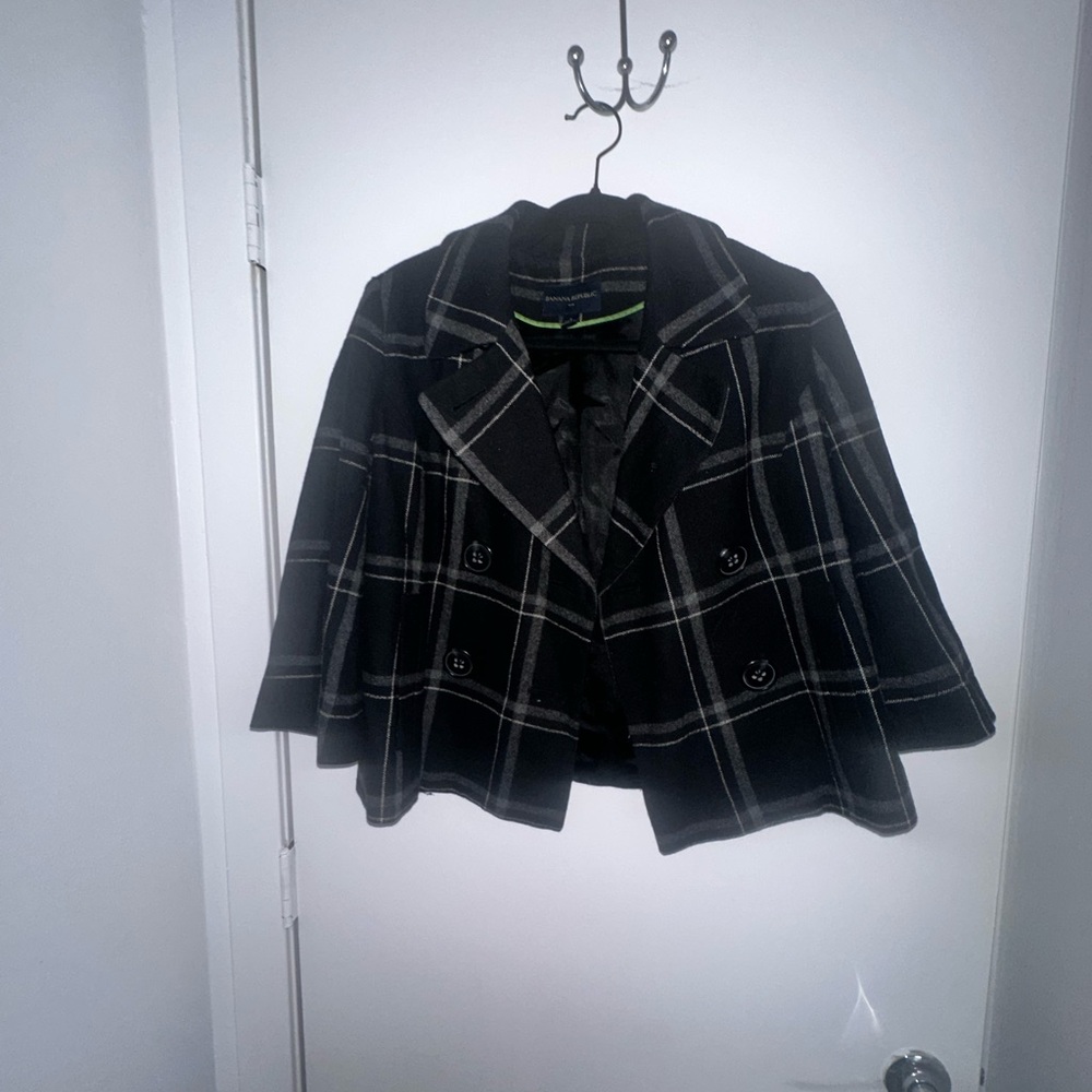 Banana Republic Black Plaid Double-Breasted Peacoat
